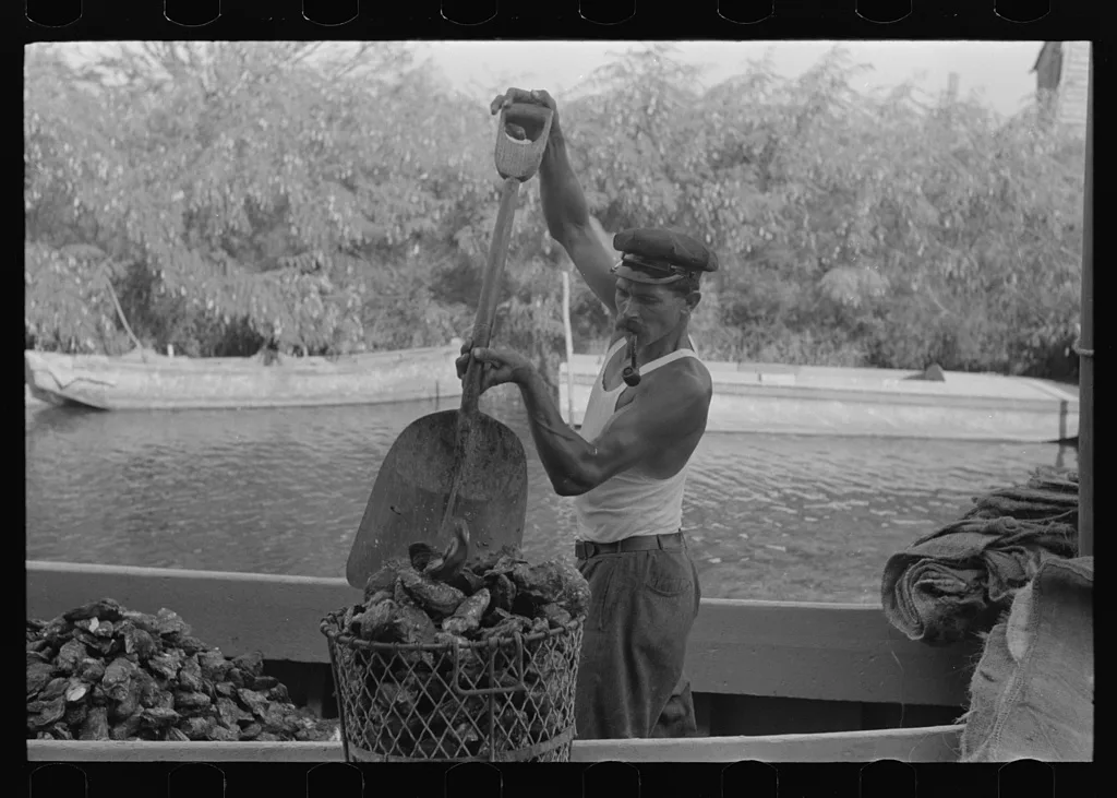 Fishermen unloading oysters, Olga, Louisiana, 1938