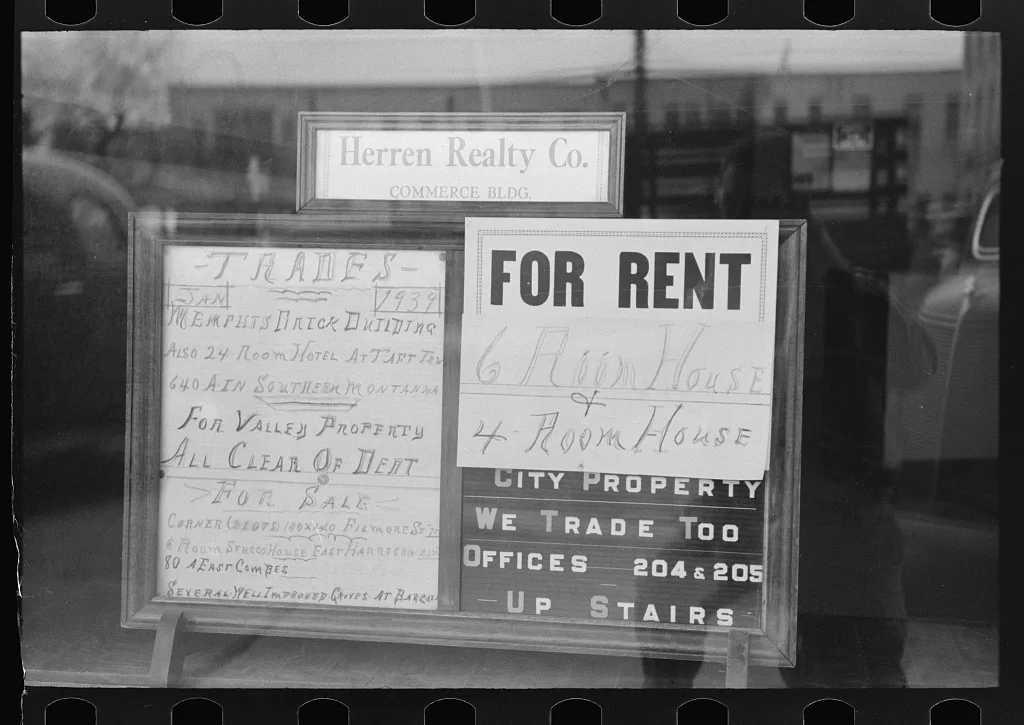 Signs in real estate window, Harlingen, Texas, 1939
