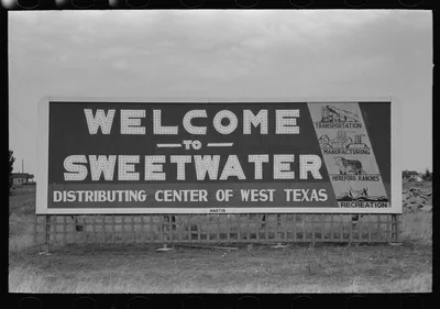 Signboard, entering Sweetwater, Texas, 1939