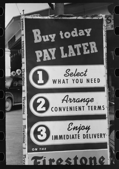 Sign illustrating installment buying, Waco, Texas, 1939