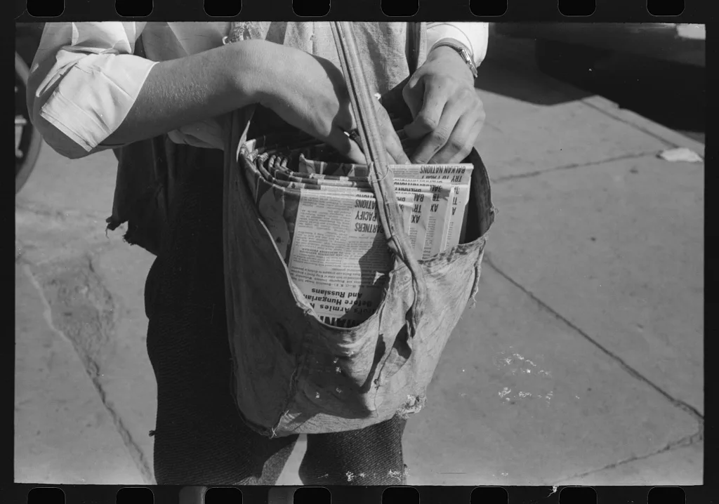 Newsboy's sack of papers, Montrose, Colorado, 1940