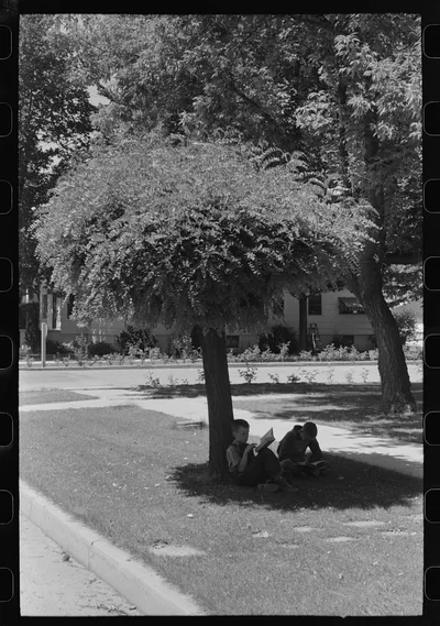 Boys read storybooks in the shade. Caldwell, Idaho, 1941