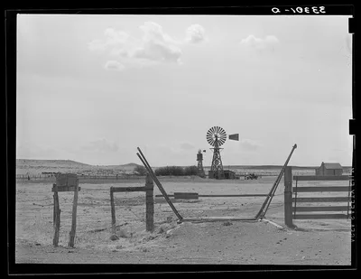 Cattle guard and windmill near Marfa, Texas, 1939