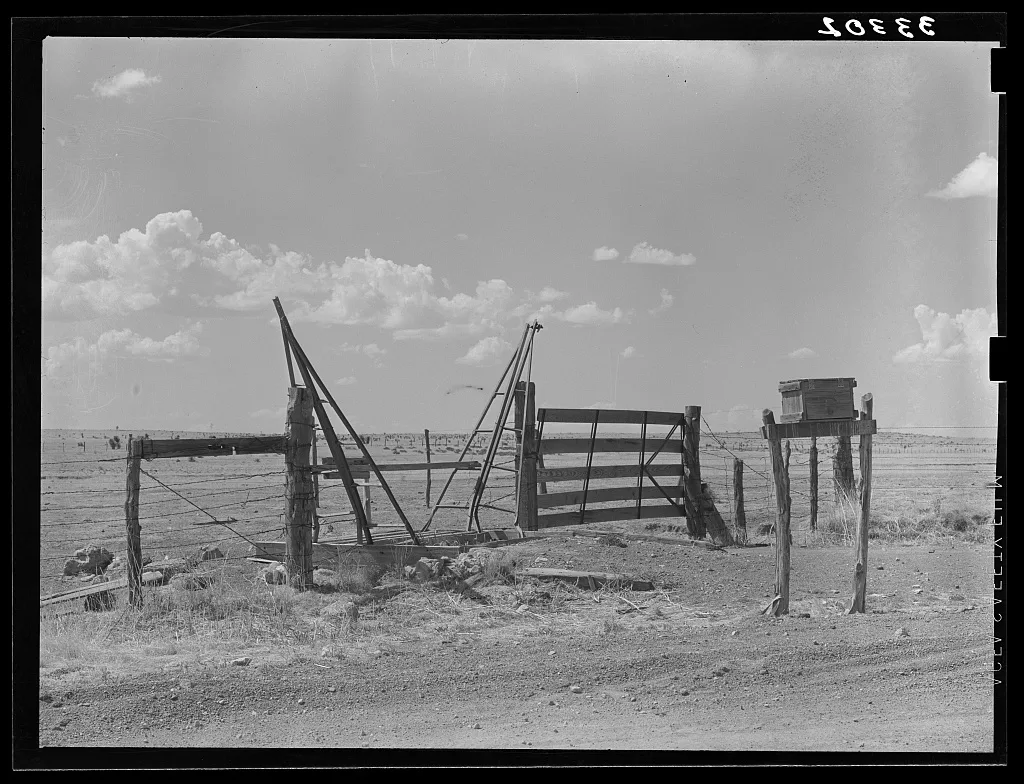 Cattle guard gate and mail box on ranch near Marfa, Texas, 1939