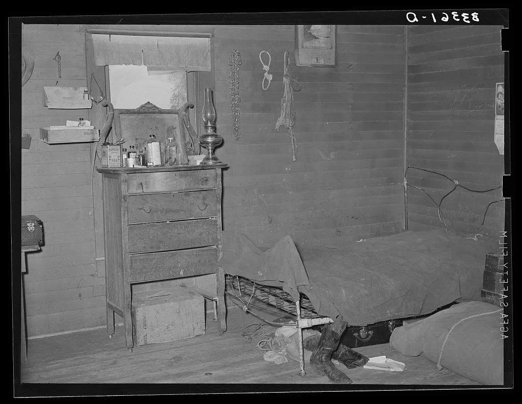 Interior of bunkhouse on SMS Ranch near Spur, Texas, 1939