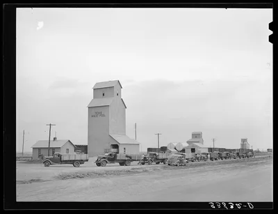 Line of trucks at wheat elevator in small town west of Amarillo, Texas, 1939