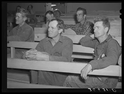 Farmers at Farm Bureau meeting. Mr. Craig is on the right. Pie Town,…, New Mexico, 1940