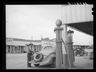 The gasoline pumps at Pie Town, New Mexico, 1940