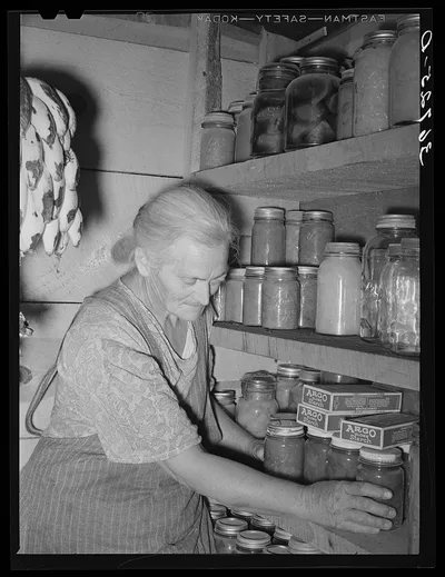 Mrs. Hutton in her storage cellar. Mrs. Hutton said, "You know it…, New Mexico, 1940