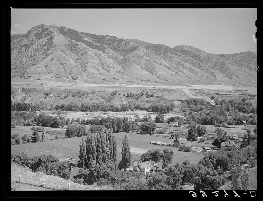Farms on the outskirts of Logan, Utah, Cache County. At the foot of…, 1940