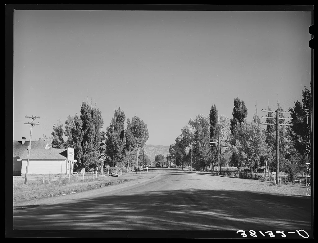 View on Highway 89 through small town in Garfield County, Utah, 1940