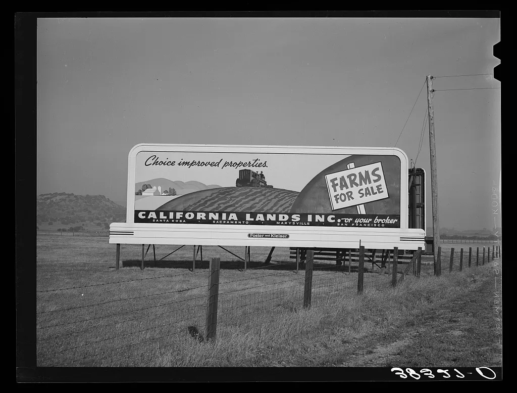 Sign. Any and every highway in California, 1940