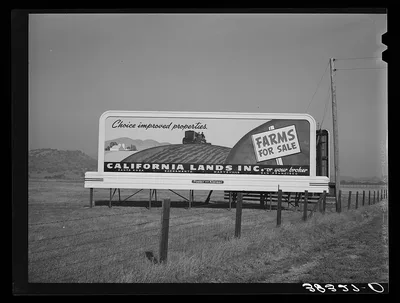 Sign. Any and every highway in California, 1940