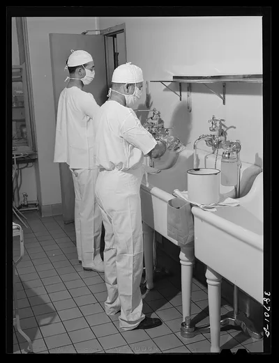 Doctors at hospital scrubbing up. Chicago, Illinois, 1941