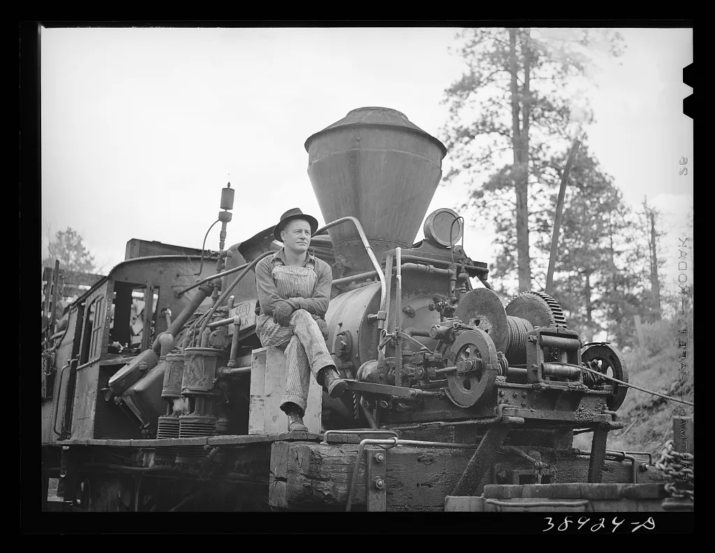 Logging locomotive and operator. Baker County, Oregon, 1941
