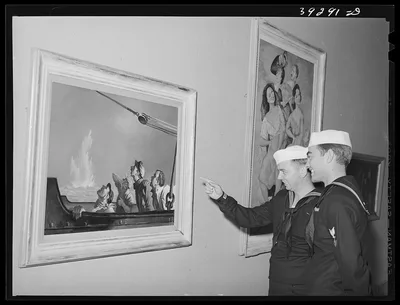 Sailors looking at paintings of George Schrieber's at the fine arts…, California, 1941