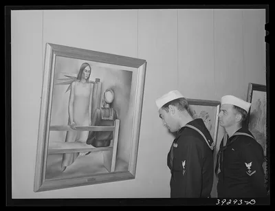 Sailors looking at painting entitled "Sailors Beware" at the fine…, California, 1941