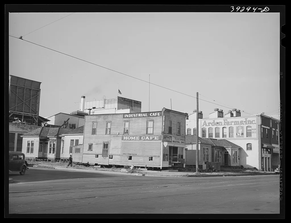Old houses that are being moved to make way for expansion of the…, California, 1941