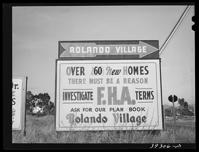 Sign of Federal Housing Administration housing. San Diego, California, 1941