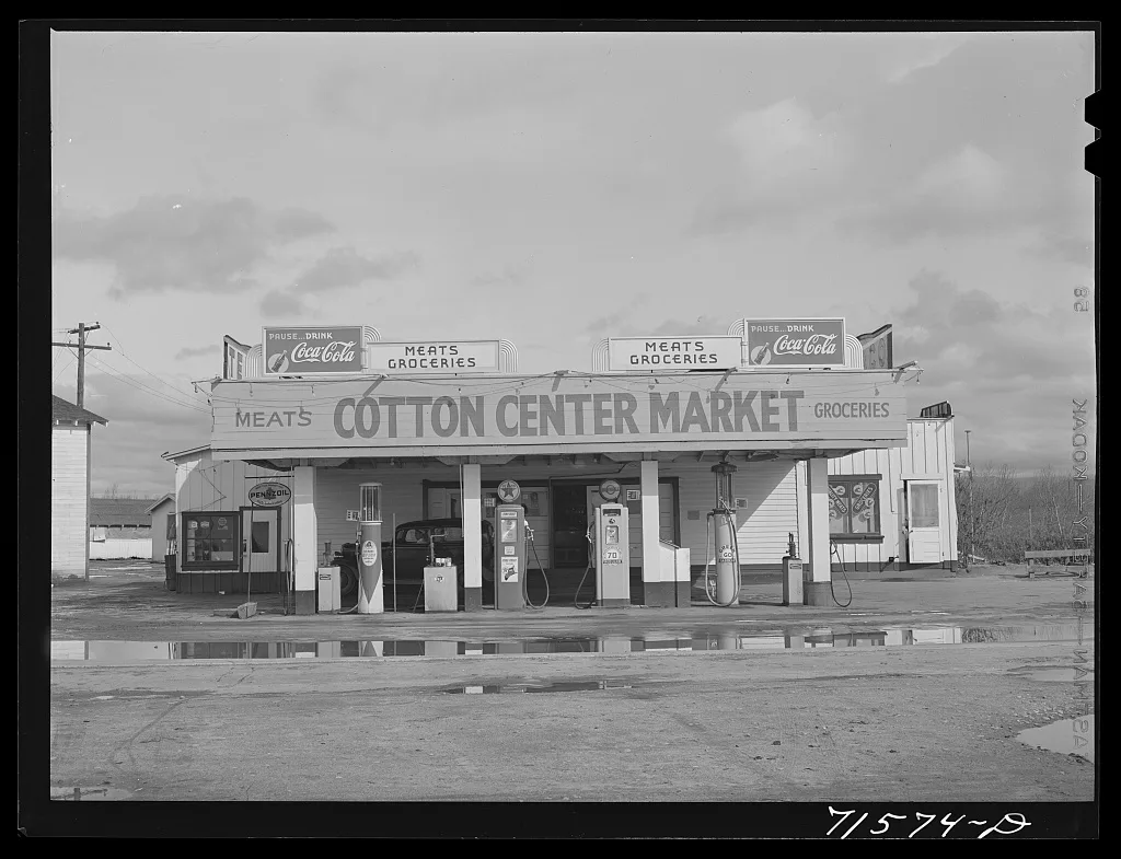 Tulare County, California. Filling station and market, 1942